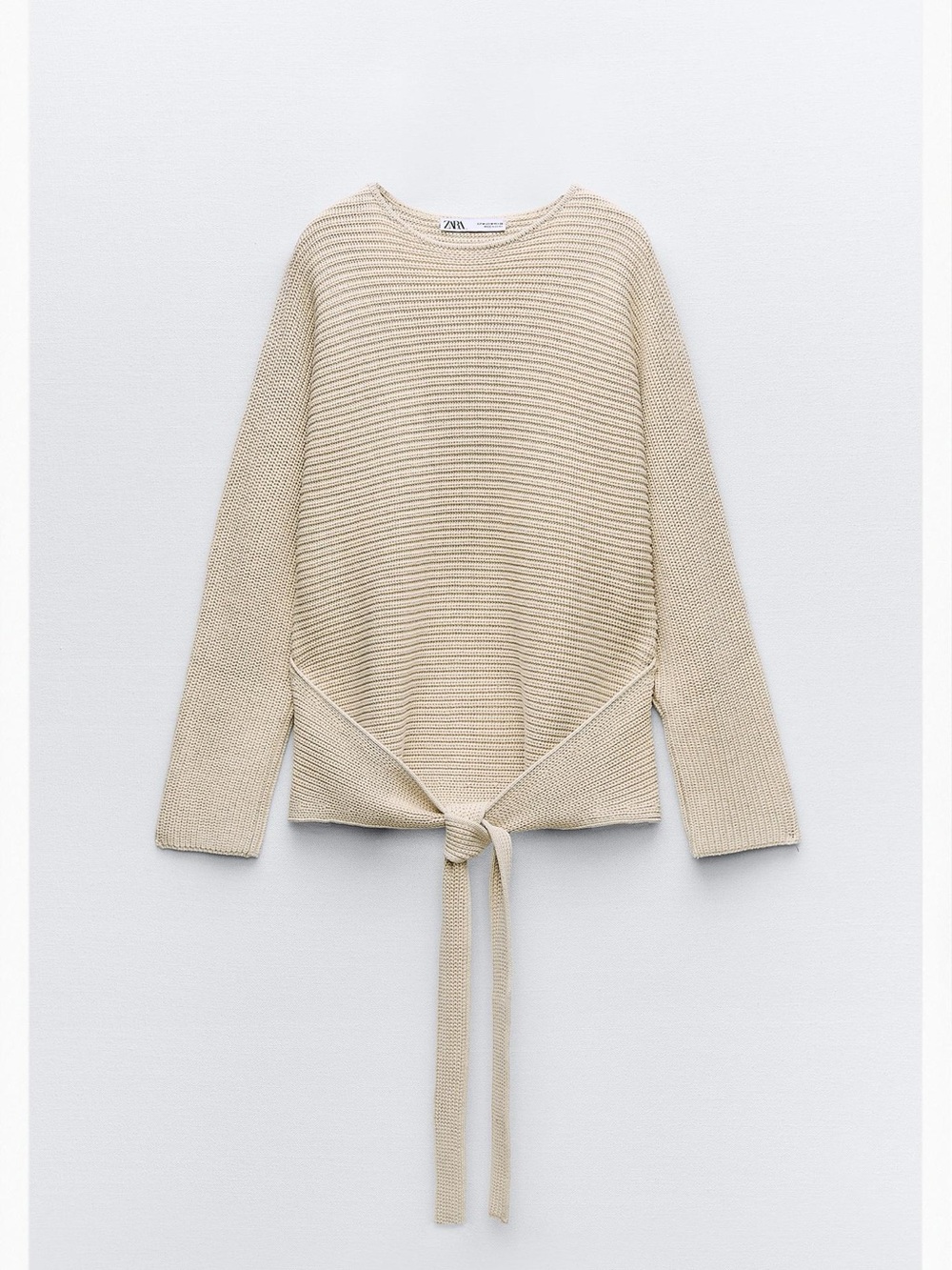 Zara Beige Ribbed Crewneck Sweater with front or back tie